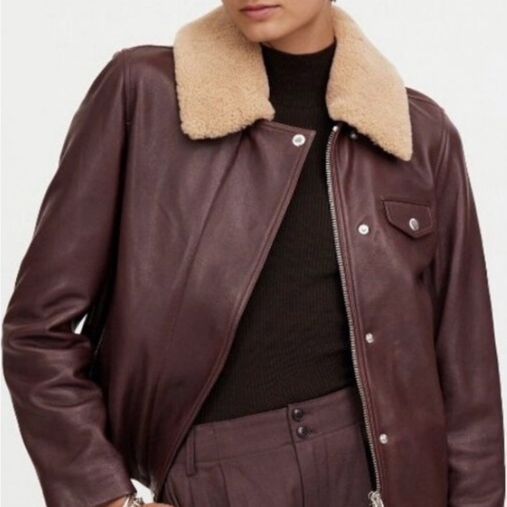 Madewell Dark Brown Leather Jacket with Cream Shearling Collar